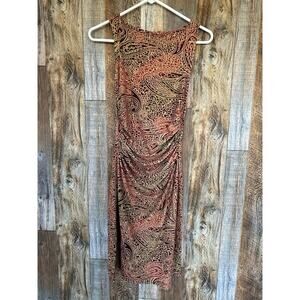 Jodi Kristopher Women Small Red Paisley Ruched Sleeveless Midi Dress Stretch VTG